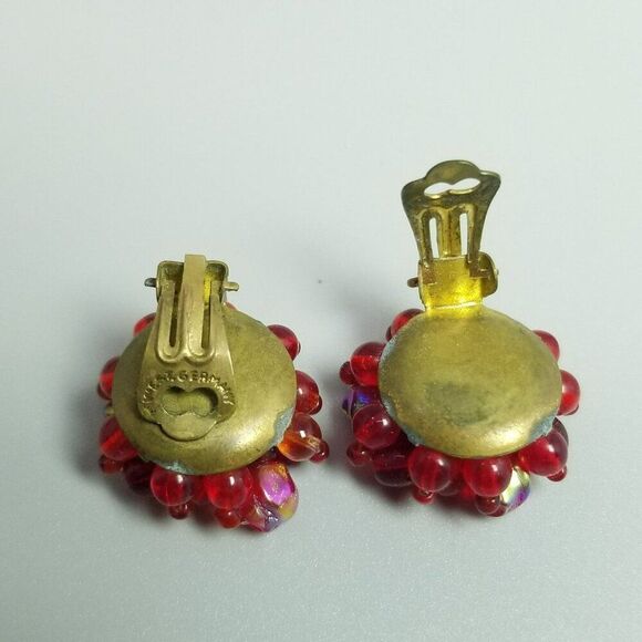 Vintage Retro Red Glass Beaded Cluster Clip On Earrings, Made in West Germany - Picture 3 of 7